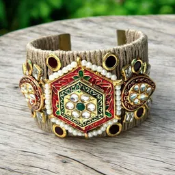 VIVAZS Gold-Plated Kundan Studded Oxidised Bangle-Style Bracelet image 5