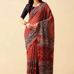 Aditri Maroon Handprinted Ajrakh On Chanderi Silk Saree image 1