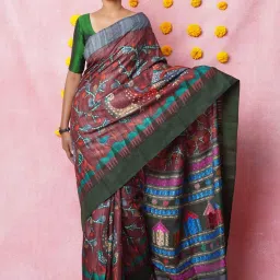 Unnati Silks Maroon & Green Silk Printed Saree With Unstitched Blouse image 1