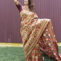 SHUBHKALA Maroon & Golden Silk Woven Saree With Unstitched Blouse image 1