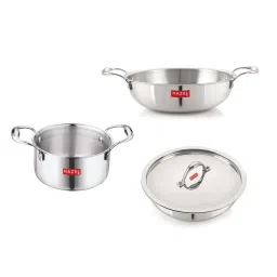 HAZEL Silver Stainless Steel Induction Bottom Cookware Set (1 Tasla with Lid, 1 kadai & 1 Casserole) image 1