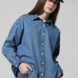 Only Blue Cotton Relaxed Fit Oversized Shirt image 1