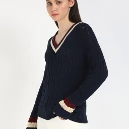 TOMMY HILFIGER Blue Cotton Solid Full Sleeves Sweater image 4