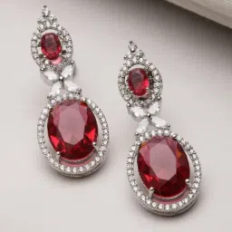 Zeneme Rhodium Plated Silver Red AD Studded Paisley Drop Earrings-image-77