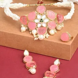 Zaveri Pearls Pink Flower Stones Ethnic Pearl Choker Necklace Earring & Ring Set-ZPFK14630-image-0