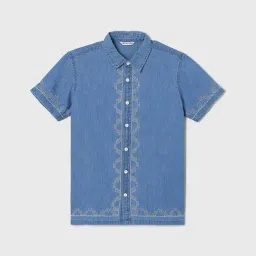 Fame Forever By Lifestyle Mid Blue Cotton Regular Fit Embroidered Shirt-picture-26