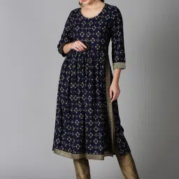 Saffron Threads Navy Printed Fit & Flare Kurta image 1