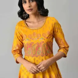 W Mustard Printed A Line Kurta image 5