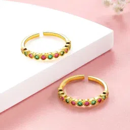 Peora Rani Pink Green Cubic Zirconia Studded Toe Ring Adjustable Gold Plated Bichiya Jewellery-image-81