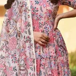 Vetrokart Girls Floral Printed Raw Silk Round Neck Anarkali Kurta With Trousers & Dupatta image 2