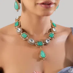 Auraa Trends Gold Finish Kundan Polka and Green Stone Jewellery Set-picture-26