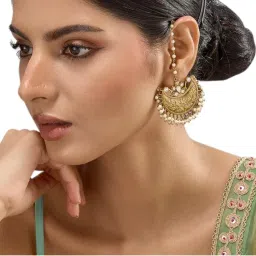 Auraa Trends Gold-Plated Pearl Kundan Chandbali Earrings with Ear Chain-picture-10