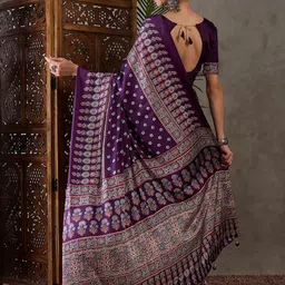 Mitera Ajrak Block Silk Blend Designer Saree image 4