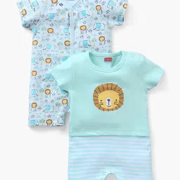 Babyhug 100% Cotton Half Sleeves Romper Lion Print Pack of 2 - Multicolour-picture-12