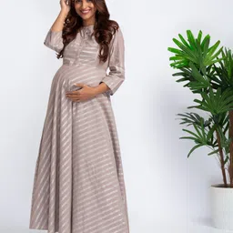 Bella Mama 3/4th Sleeves Woven Maternity Kurta with Nursing Panel Lurex Stripes - Beige-picture-25