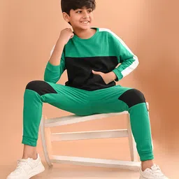 Lilpicks Couture Full Sleeves Colour Blocked Terry Fleece Sweatshirt & Joggers Set - Green & Black-image-43