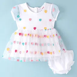 Babyhug Cotton Woven Half Sleeves Frock with Bloomer Heart Embroidery - White-picture-16