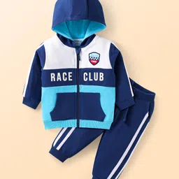 Babyhug Terry Knit Full Sleeves Cut & Sew Hooded T-Shirt & Joggers Set with Text Print - Navy Blue-picture-34