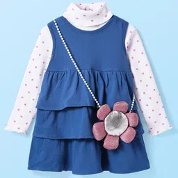 Babyhug Cotton Knit Sleeveless Frock With Polka Dot Turtle Neck Inner Top & Sling -Blue-picture-18