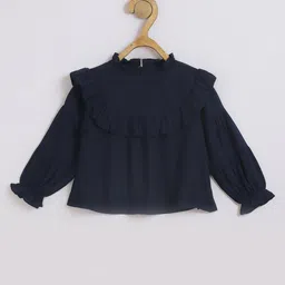 Chuppan Chupai Viscose Rayon Woven Full Peasant Sleeves Frill Detailed Top - Navy Blue-image-28