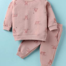 Zero Fleece Knit Full Sleeves Bear Printed Winter Co-Ord Night Suit - Pink-picture-26