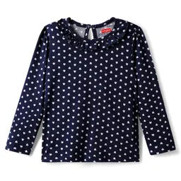 Babyhug 100% Cotton Knit Full Sleeves Top with Heart Print & Frill Detailing - Navy Blue image 1