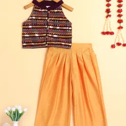 The Magic Wand Woven Sleeveless Sequins Embellished Threadwork Embroidered Top & Palazzo Set - Orange-picture-28