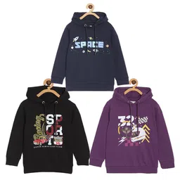 The Mom Store Cotton Blend Knit Pack Of 3 Full Sleeves Space Theme & Typography Printed Hooded Light Winter Sweatshirts - Black Navy Blue & Purple-picture-21