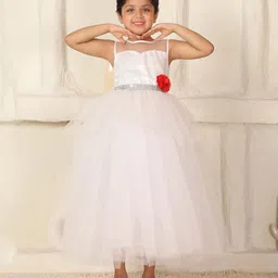 Toy Balloon Kids Net Woven Sleeveless Floral Applique Detailed & Sequins Embellished Layered Gown - White-picture-27