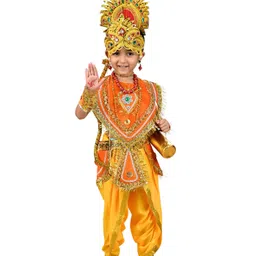 BookMyCostume Dussehra Theme Sleeveless Lord Ram Costume Set With Kavach Kantha Golden Necklace Kundal Bow 3 Arrows & Tarkash - Orange & Yellow-picture-25