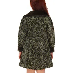 Cutecumber Solid Dress With Full Sleeves Animal Printed Fur Detailed Jacket Set - Green image 3