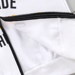 Earth Conscious Full Sleeves Placement Text Printed Color Blocked Fleece Hoodie Sweatshirt Jacket - White & Yellow image 4