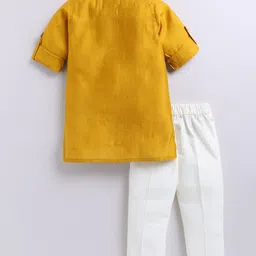 LITTLE COLLARS Silk Woven Full Sleeves Geometric Embroidered & Mirror Work Detailed Kurta Pyjama Set - Mustard image 4