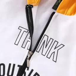 Earth Conscious Full Sleeves Placement Text Printed Color Blocked Fleece Hoodie Sweatshirt Jacket - White & Yellow image 5