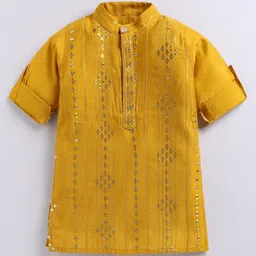 LITTLE COLLARS Silk Woven Full Sleeves Geometric Embroidered & Mirror Work Detailed Kurta Pyjama Set - Mustard image 5