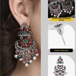 Sangria Silver-Plated Artificial Stones Studded & Pearls Beaded Classic Drop Earrings image 2