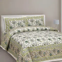 Urban Jaipur Green & Cream-Coloured Floral 186 TC Queen Bedsheet with 2 Pillow Covers-picture-24