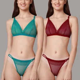 AROUSY Green & Maroon Self Pattern Bra Panty Set - Pack Of 2 image 1