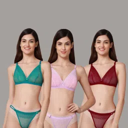 AROUSY Green & Pink Self Pattern Bra Panty Set - Pack Of 3 image 1