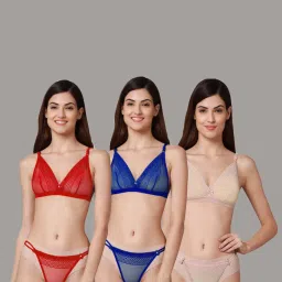 AROUSY Red & Blue Self Pattern Bra Panty Set - Pack Of 3 image 1