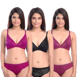 AROUSY Purple & Black Self Pattern Bra Panty Set - Pack Of 3 image 1