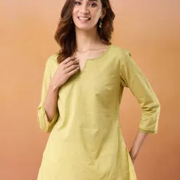 Fabindia Lime Cotton Slim Fit Embroidered Short Kurta image 1