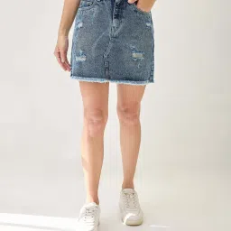 Globus Women Med Blue Mid Rise Distressed & Frayed Hem Mini Denim Skirt image 1