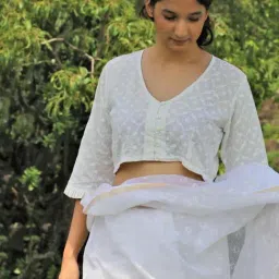 Chidiyaa Ivory Pure Cotton Handprinted Blouse Safed Chidiyaa-picture-6