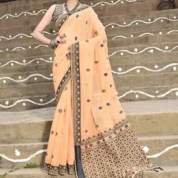 Elora Orange Cotton Woven Saree With Unstitched Blouse image 1