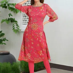 W Pink Printed A Line Kurta image 1