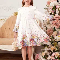 White World Girls Floral Print Bishop Sleeve Fit & Flare Knee Length Dress-image-91