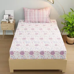 KOPA White & Lilac Microfibre Floral 192 TC Single Bedsheet with 1 Pillow Cover image 1