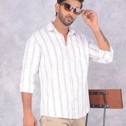 Crimsoune Club White Cotton Slim fit Stripes Shirts-picture-34