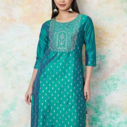 Melange By Lifestyle Teal Regular Fit Embroidered Kurtas image 1